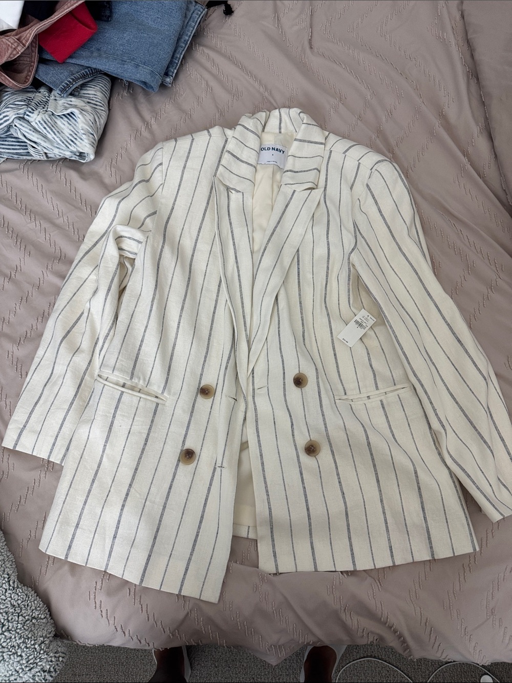 Old Navy Cream Blazer with Navy Pinstripes